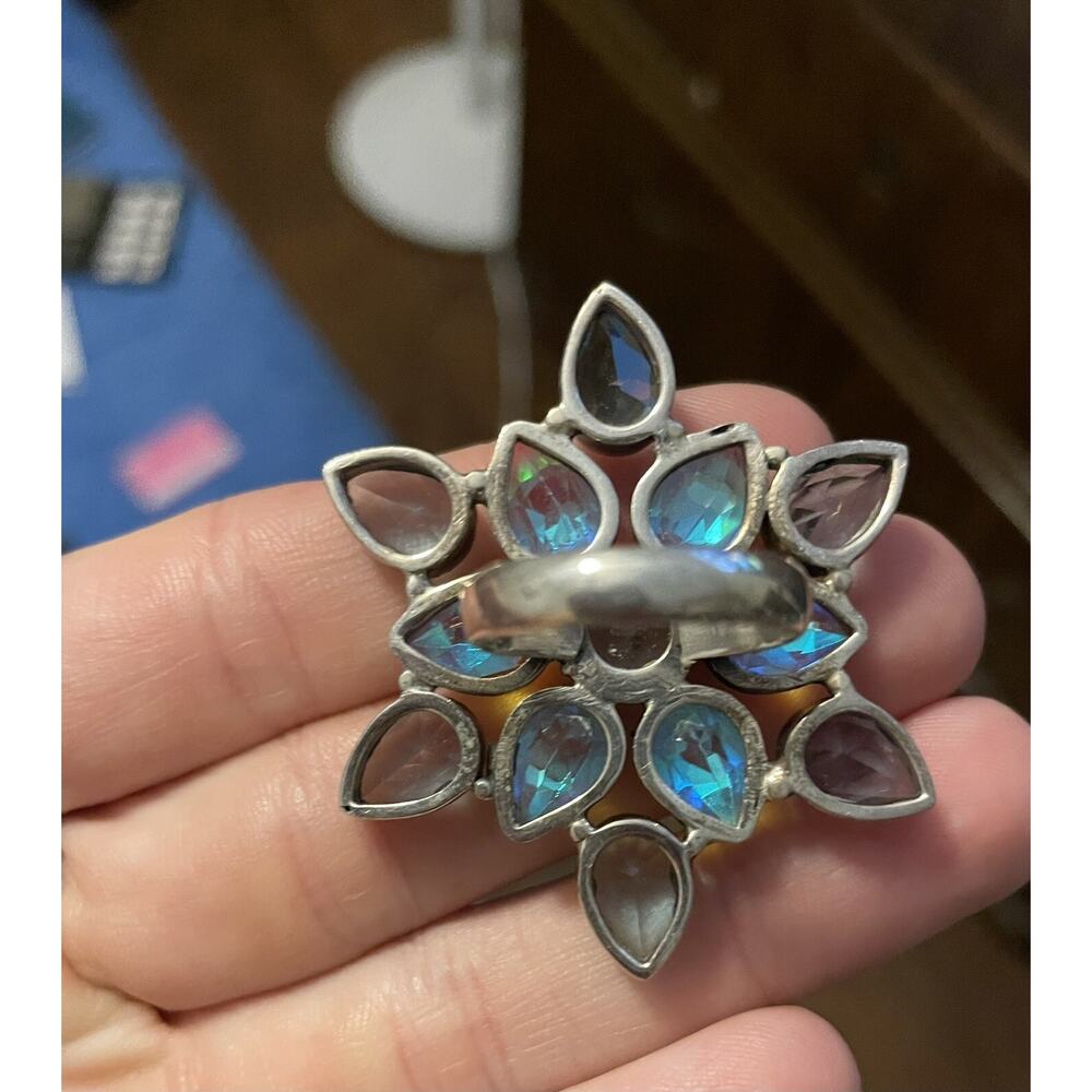 Native Sw Sterling Faceted Multi-stone Blue Green Rainbow Borealis Cluster Ring - Picture 11 of 12